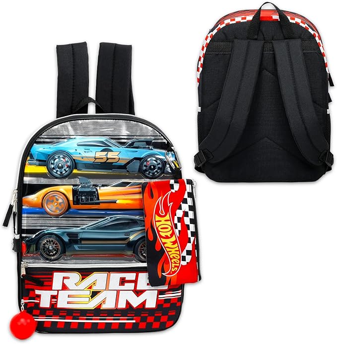 Hot Wheels Backpack with Lunch Box for Boys - Bundle with 16" Racecar Backpack, Lunch Bag, Water Bottle, Pencil Case, Stickers, More | Hot Wheels School Bag for Kids