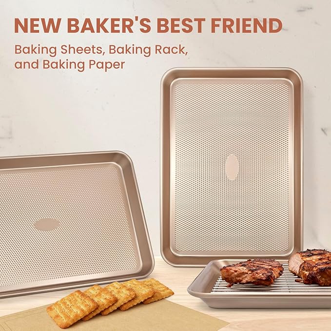 SEIION 2 Pack Baking Sheets with 2 Wire Racks & 50 Pre-Cut Parchment Papers | Heavy Duty Nonstick Cookie Pans (17.5"x11.8") | Warp-Resistant Oven Roasting Set for Meal Prep & Holiday Gifts