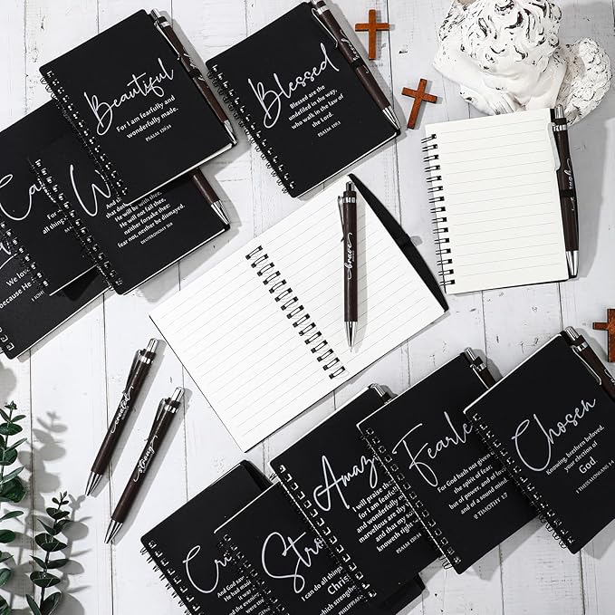 Kosiz 12 Sets Christian Gifts Bulk Inspirational Bible Verse Spiral Notebook and Religious Bamboo Ballpoint Pen Journal with Scripture for Easter Church Member First Communion Teacher Holy Week (Black)