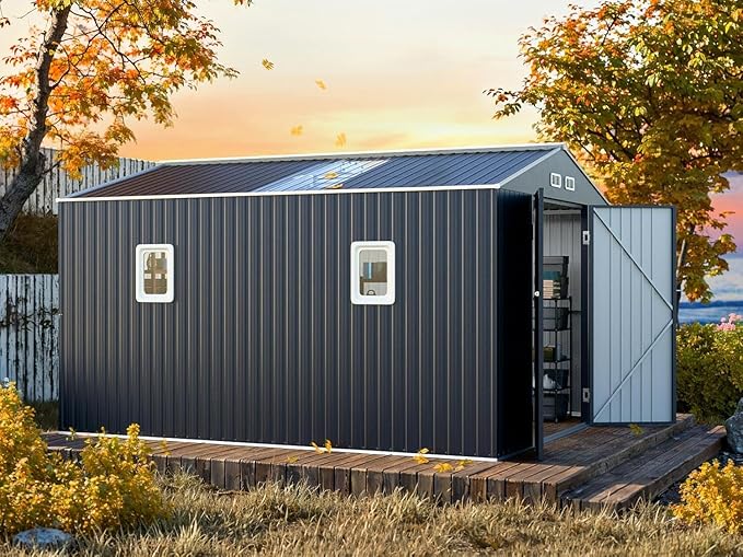 Restland 10x12 FT Outdoor Storage Shed with Floor Base Frame Metal Garden Shed with Clear Roof, Air Vent & Lockable Door Large Tool Storage House for Backyard, Garden, Lawn
