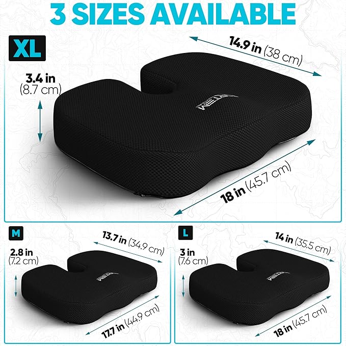 FORTEM Seat Cushion, Office Chair Cushion, Lumbar Support Pillow for Office Chair, Memory Foam Sciatica Coccyx Tailbone Pressure Pain Relief, Car Sitting Pad, Washable Non Slip, XL