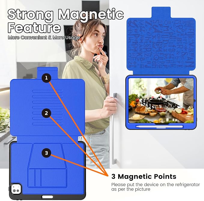 for iPad Pro 11 inch Protective Case M5 2025/M4 2024: Heavy Duty Shockproof Case with Pencil Holder - 360°Rotating Handle/Stand - Screen Protector - Shoulder Strap Black/Sky Blue