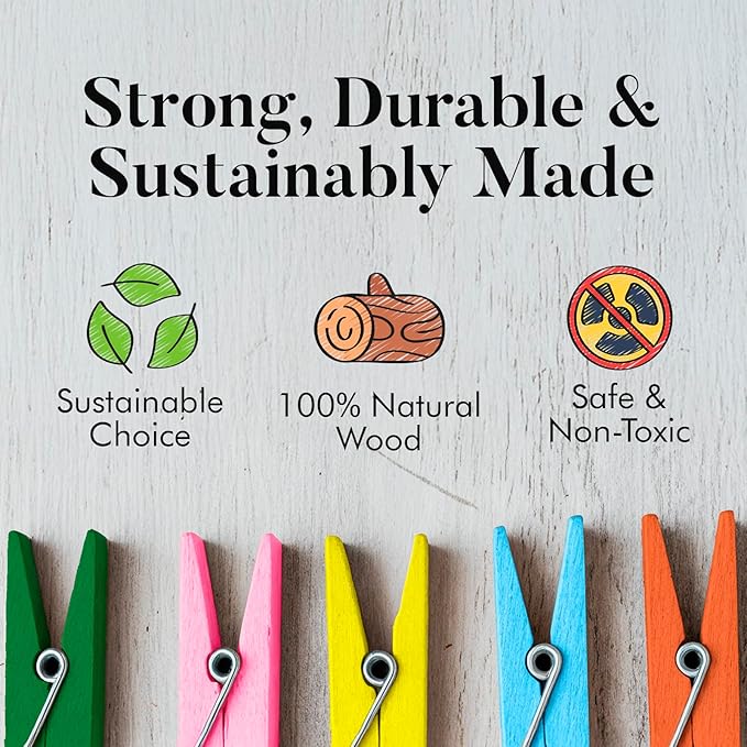 Zeno Clothes Pins Wooden – 50 Pack Colored Clothespins 2.9 Inch with Rust-Resistant Coil, Natural Wood Clips for Laundry, Hanging Clothes, Crafts & DIY, Pastel Clothespins