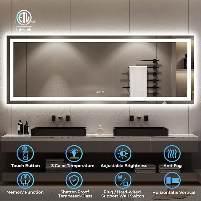 YEELAIT 96x36 Inch LED Bathroom Mirror with Lights Front and Backlit Lighted Vanity Mirror for Bathroom Wall with 3 Colors Dimmable Anti-Fog Memory Shatter-Proof IP54 Waterproof Horizontal/Vertical
