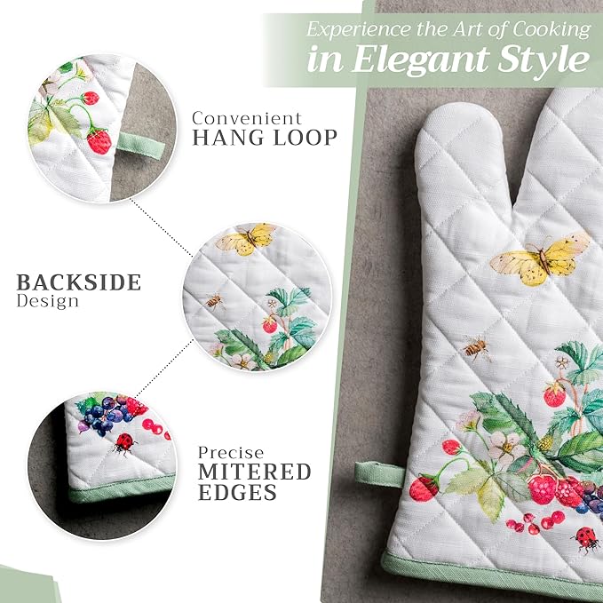 Maison d' Hermine 100% Cotton Oven Mitt & Pot Holder Set (7.5"x13" & 8"x8") Heat Resistant BBQ Cooking Gloves with Loop, Baking, Grilling, Kitchen, Handling Hot Pans Spring/Summer (Printemps)