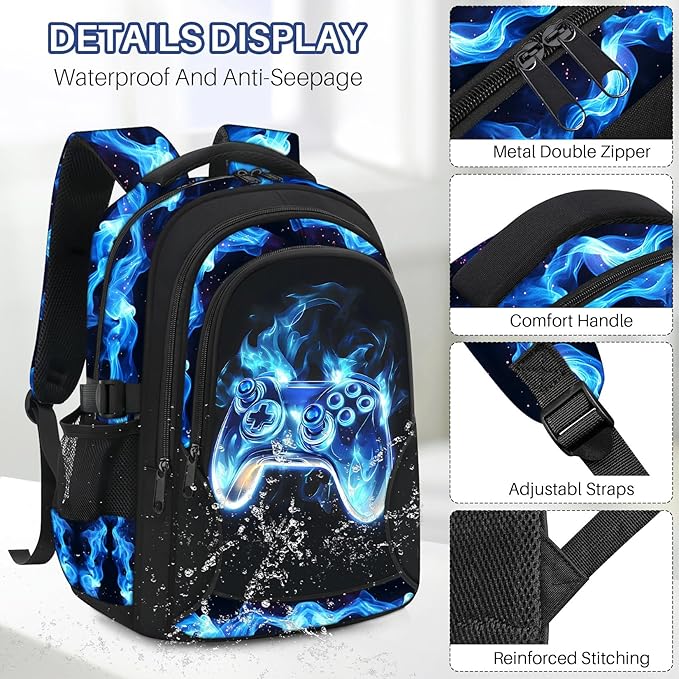 School Backpacks for Boys - 4pcs Gamer Boys Backpacks with Lunch Box Set for Kids Teens Elementary Middle School, 17″ Large Capacity Students Bookbag, Perfect for Travel