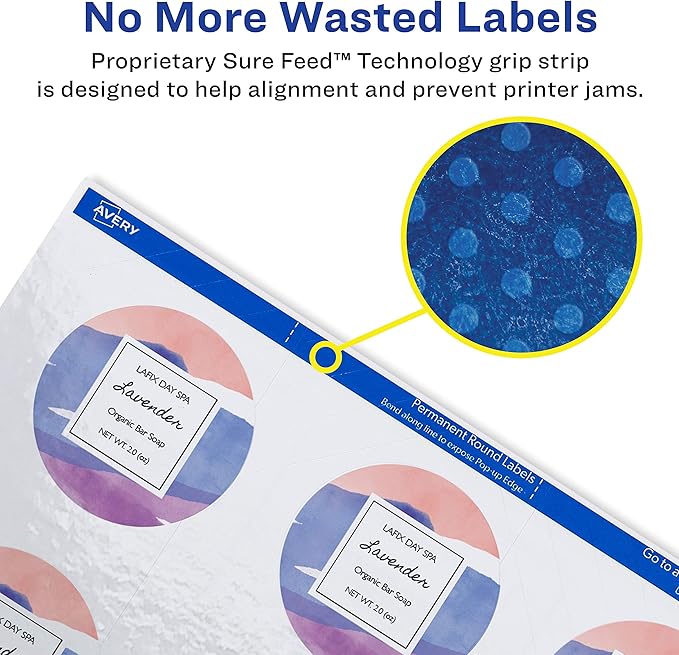 Avery Printable Round Labels with Sure Feed Technology, 2" Diameter, Glossy White, Laser & Inkjet Compatible, 60 Blank Labels Total, Great for Mailing, Branding, and More (22817)