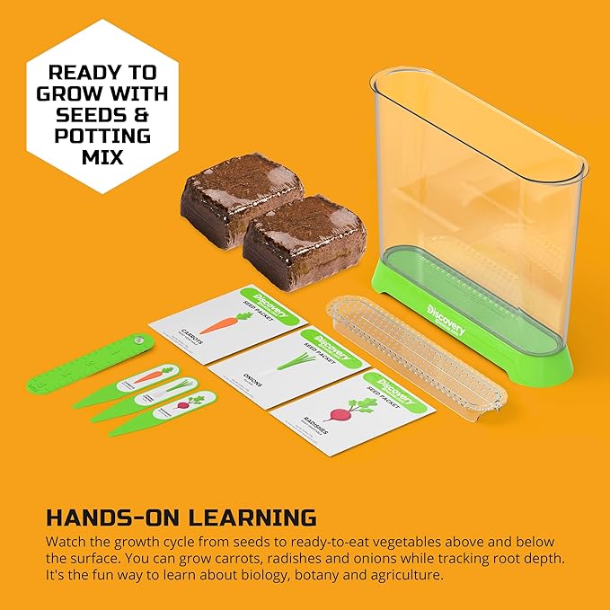 Discovery™ Edible Veggie Garden Watch-It-Grow Kit – DIY STEM Activity for Kids | Grow Carrots, Radishes & Onions| 11-Piece Science Kit with Seeds, Potting Mix & Root Tracker| Learning Toy Gift Ages 6+