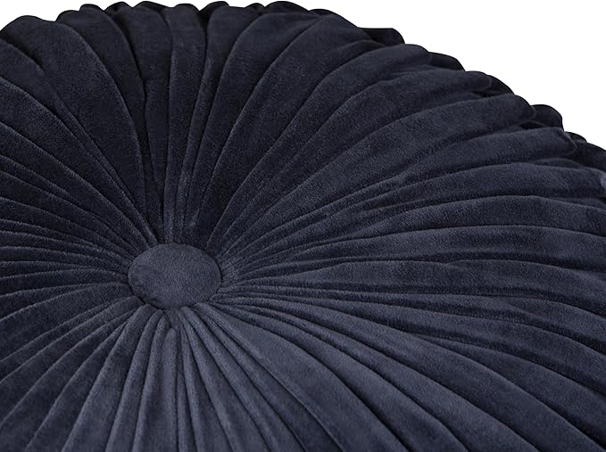 SIMPLIHOME Renee Round Pouf - 20 inch Wide Upholstered Velvet Ottoman in Navy, Boho Footstool or Extra Seating for Living Room or Bedroom with Button-Tufted Pleated Design, Assembled