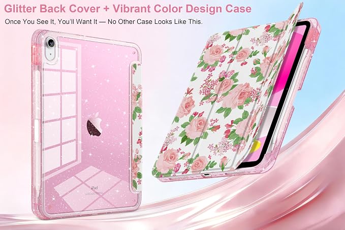 MEEgoodo Case for iPad A16 11th Generation 2025/10th Generation 2022 Glitter Tablet Cases with Transparent Acrylic Back+Trifold Stand +Pencil Holder+Auto Wake/SleepAbstract Sun &amp Palm Tree