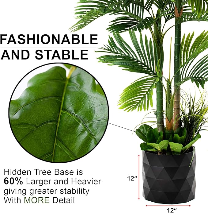 Deluxe 78" Golden Cane Palm Artificial Tree + Premium Fiddle Leaf Foliage in 8" Base + 12" Plant Pot Skirt + Bonus USA Flag Style Pot Pant