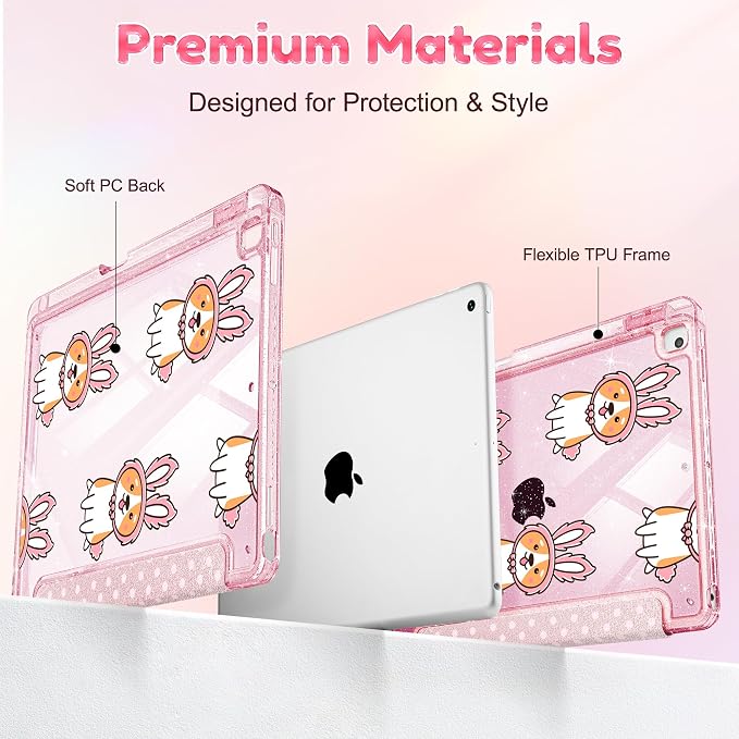Case for iPad 9th/ 8th/ 7th Generation 10.2-Inch Case(2021/2020/2019 Release) Glitter Tablet Cases with Transparent Acrylic Back+Trifold Stand+Pencil Holder+Auto Wake/Sleep Bows-Stripe