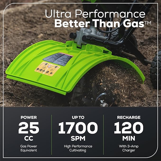 Greenworks 60V 8" Cordless Cultivator/Tiller + 4.0Ah Battery and Charger