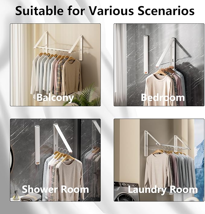 Dr.DJ Clothes Drying Rack with Rod, Wall-Mounted Retractable & Foldable Clothes Hanger for Laundry Room Organization and Storage, Metal Clothes Hanger Rack for Dorm, Closet, Balcony 2Rack,1Rod White