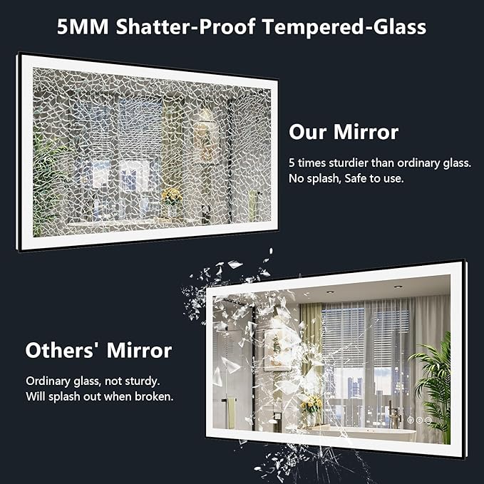 YEELAIT 48x32 Inch LED Bathroom Mirror with Lights (Front Lit and Backlit) Black Framed Lighted Vanity Mirror for Bathroom Wall Dimmable Anti-Fog Memory Tempered Glass Horizontal/Vertical