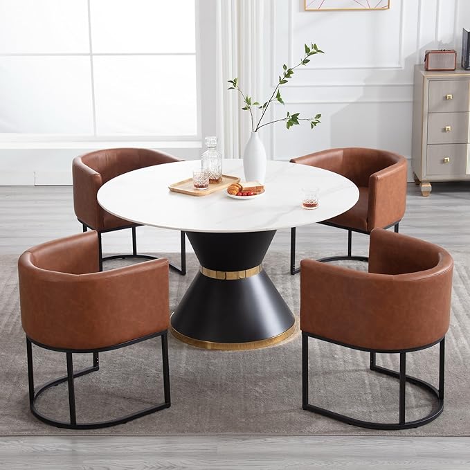 Faux Leather Dining Chairs Set of 6 Modern Barrel Arm Chairs with Black Metal Frame, Upholstered Kitchen Chairs 18.5" Wide Accent Chairs for Living Room Dining Room Restaurant, Brown