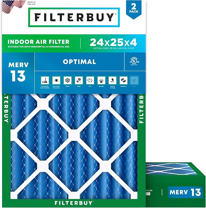 Filterbuy 24x25x4 Air Filter MERV 13 Optimal Smoke & Allergy Defense,