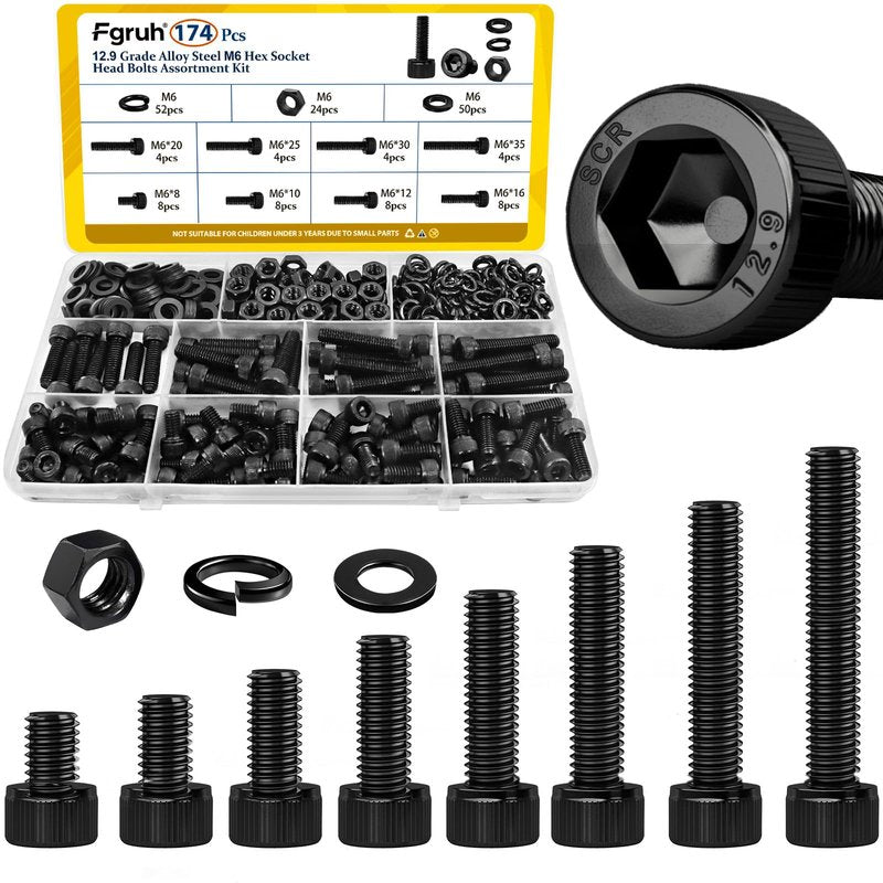 Fgruh 174PCS M6 Screws with Nuts Assortment Kit - M6x8/10/12/16/20/25/30/35 mm Hex Socket Head Cap Bolts with Nuts & Washers Assorted Set - 12.9 Alloy Steel Black Zinc Plated Anti-Rust Hardware Set