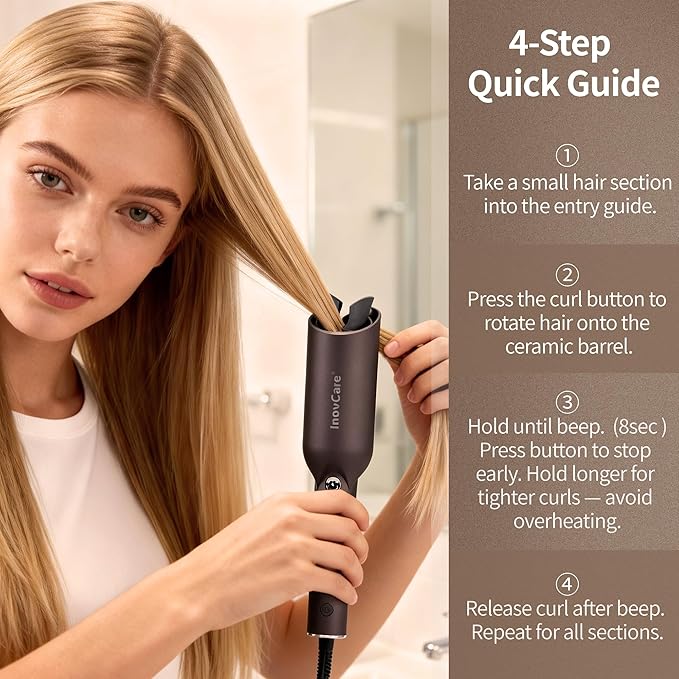 Inovocare Upgraded Automatic Rotating Curling Iron - CurlPro Plus Long Barrel Curling Wand for Long Hair, Ceramic Hair Curler for Women, Anti-Scald, Tangle-Free, 600M Ionic, Dual Voltage (Dark Grey)
