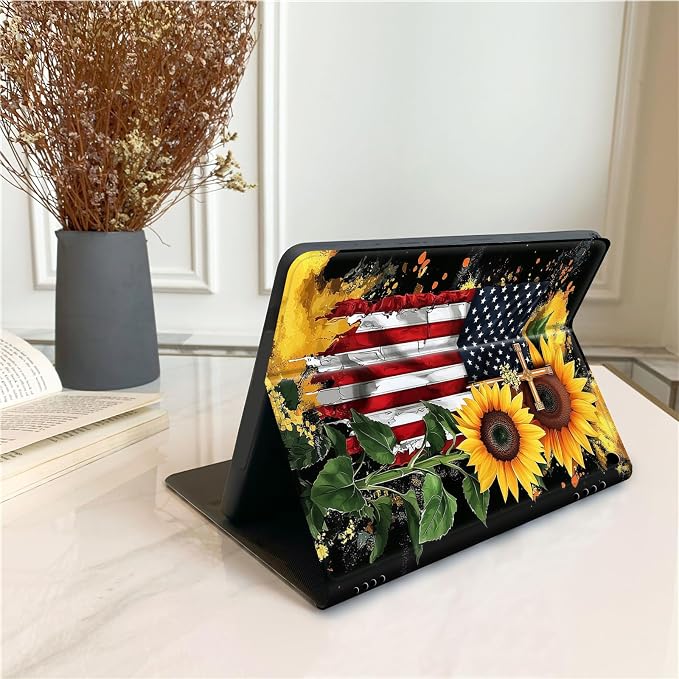 DEGDFSGR for Amazon Fire HD 10 Tablet 10 Plus Tablet Case (13th/11th Generation 2023/2021 Release) with Adjustable StandAuto Sleep/Wake for Kindle Fire 10 Case 10.1 inchAmerican Flag Sunflower Cross