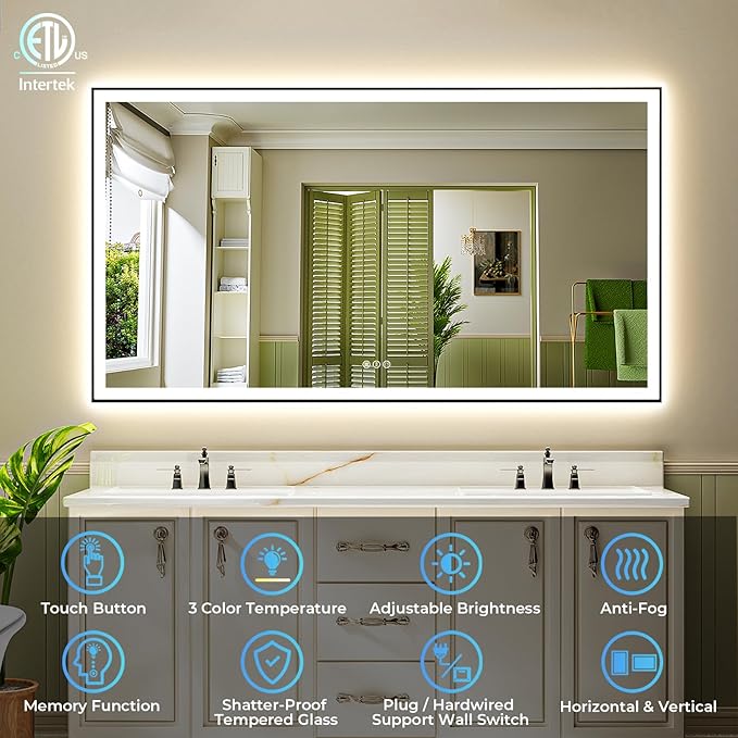YEELAIT 88x38 Inch LED Bathroom Mirror with Lights (Front Lit and Backlit) Black Framed Lighted Vanity Mirror for Bathroom Wall Dimmable Anti-Fog Memory Tempered Glass Horizontal/Vertical