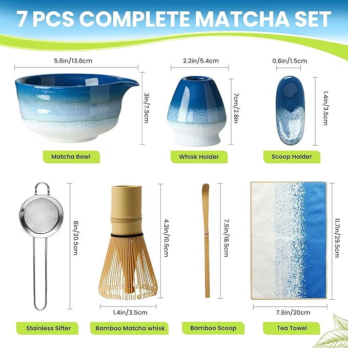 GBBG Matcha Whisk Set, Ceramic Matcha Kit Desert Style, Matcha Whisk and Bowl, Bamboo Scoop and Rest, Sifter and Tea Towel, 7 Pcs Gifts for Matcha Lover (Blue)