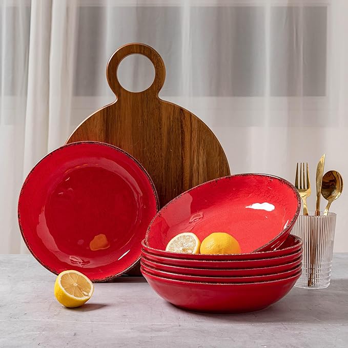 LEHAHA Vintage Melamine Pasta Bowls, Set of 6, 9.25 inch Large Salad Bowls, Unbreakable 100% Melamine Serving Bowls Set for Dinner, 42 oz Wide and Shallow Bowls Set, Dishwasher Safe, Red…