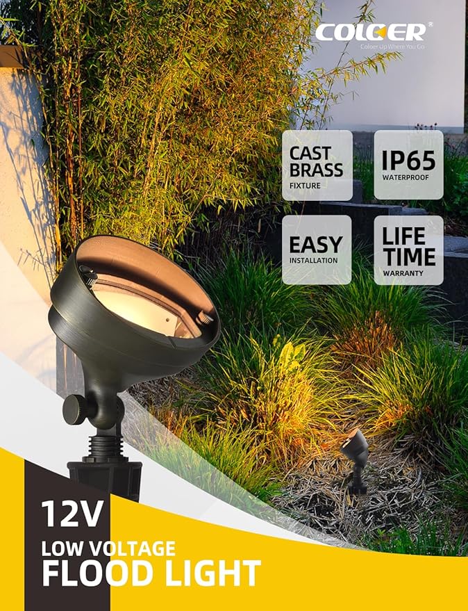 COLOER Die-cast Brass Landscape Wall Wash Lighting, 9-17 Volt Flood Lights Outdoor, Bronze LED Floodlight Fixture for Illuminating Signs, Walls and Plant Material(501B,10-Pack Without Bulb)