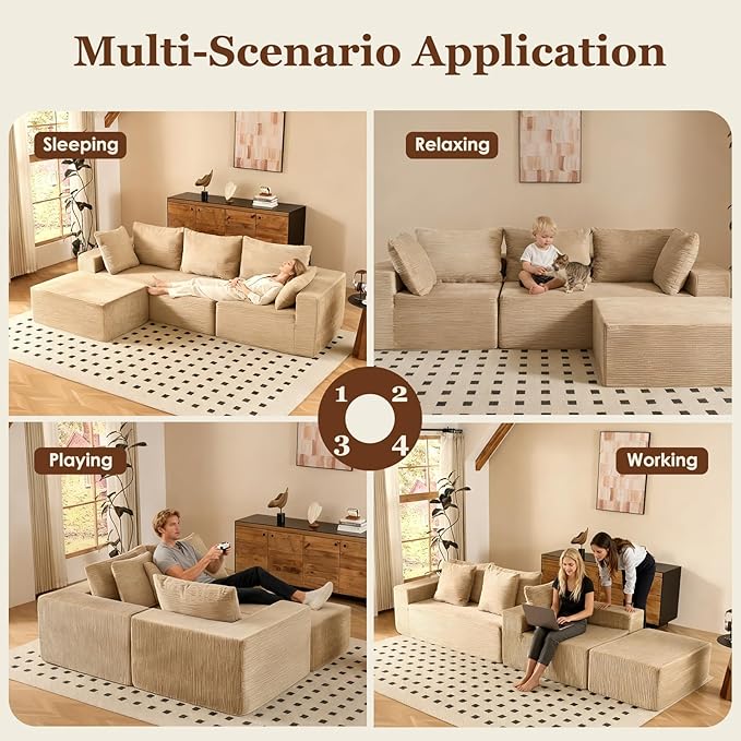 INGEROOM 108" Cloud Sectional Couch with L-Shape Chaise, Modular Sofa Memory Foam, Boneless Sofa with Movable Ottoman, Plush Corduroy Memory Foam Couch for Living Room, No Assembly, Beige Taupe