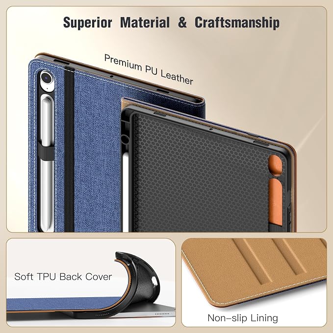 MoKo Case for Samsug Galaxy Tab S10 Lite/ S10 FE/ S9 FE/ S9 10.9/11 Inch | Built-in S Pen Holder Case for Samsung Tablet (2025/2023) PU Leather Hand Strap &amp Front Pocket Blue &amp Brown