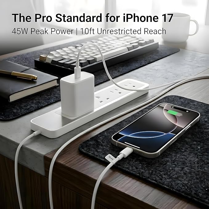 TT&ampC 45W USB-C Fast Charger &amp 10ft Extra-Long Cable (2-Pack) – High-Speed Power Adapter Compatible with Apple iPhone 17 16 15 Pro Max iPad Pro Air &amp MacBooks – Black