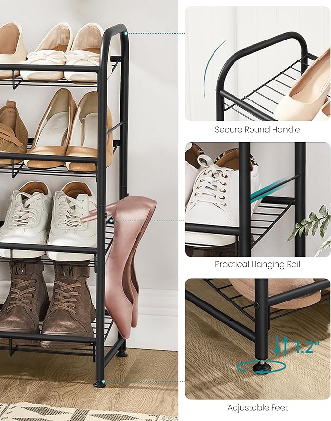 SONGMICS Stackable Shoe Rack, 4 Tier Metal Shoes Rack Storage Shelf, Holds up to 16 Pairs Shoes, Adjustable Slanted Shelves Shoe Tower Organizer for Closet Entryway Small Spaces, Black