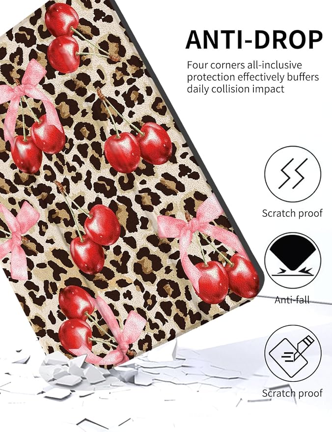 Case for iPad 9th/ 8th/ 7th Generation Case 10.2&amp10.5 Inch (2021/2020/2019 Release) Slim Lightweight Soft Trifold Back Cover with Pencil Holder &amp Auto Sleep/Wake Cover Cherries Cheetah Bows