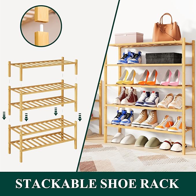 Smiry Shoe Rack, 5 Tier Bamboo Shoe Organizer, Stackable Free Standing Wooden Shoe Storage Shelf for Closet, Entryway, Front Door Entrance, Natural