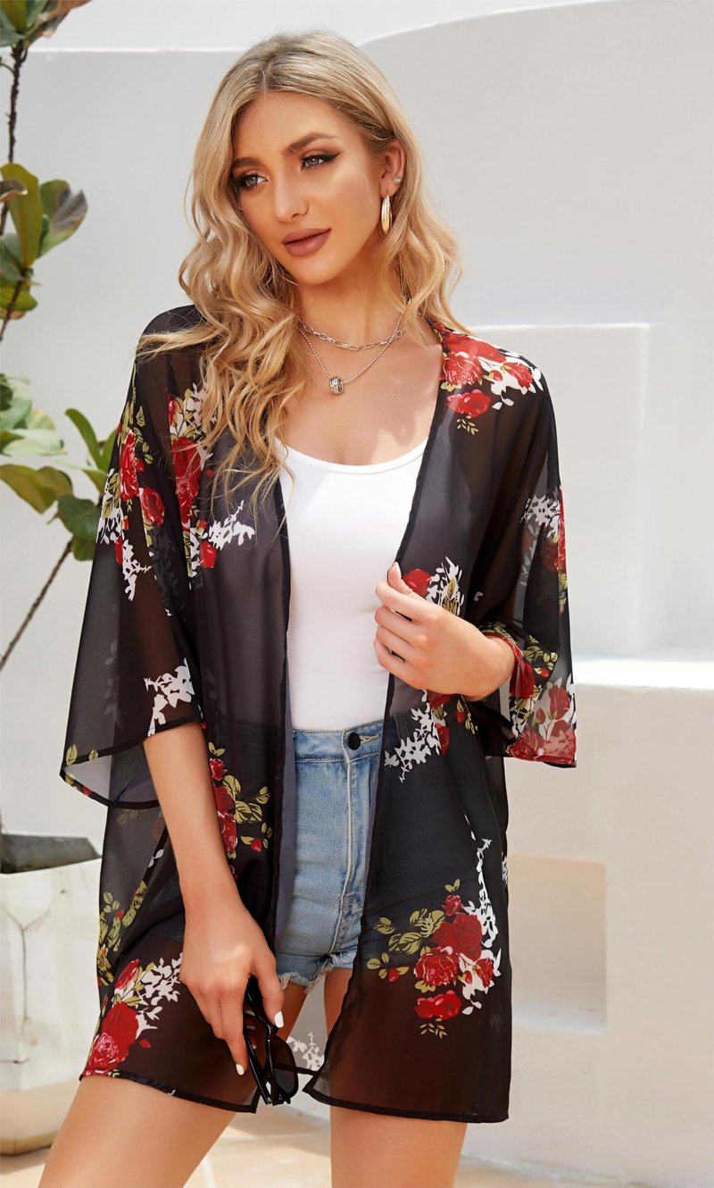 Women's Floral Kimono Cardigan Print Short Sleeve Shawl Chiffon Casual Summer Blouse Tops(Black M)