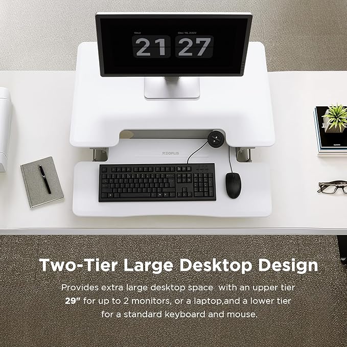 29" Electric Standing Desk Converter, Dyropcurv Series Height Adjustable Computer Desk Ergonomic Home Office Desk for Adults, Sit to Stand Desk with Quiet Motor, White