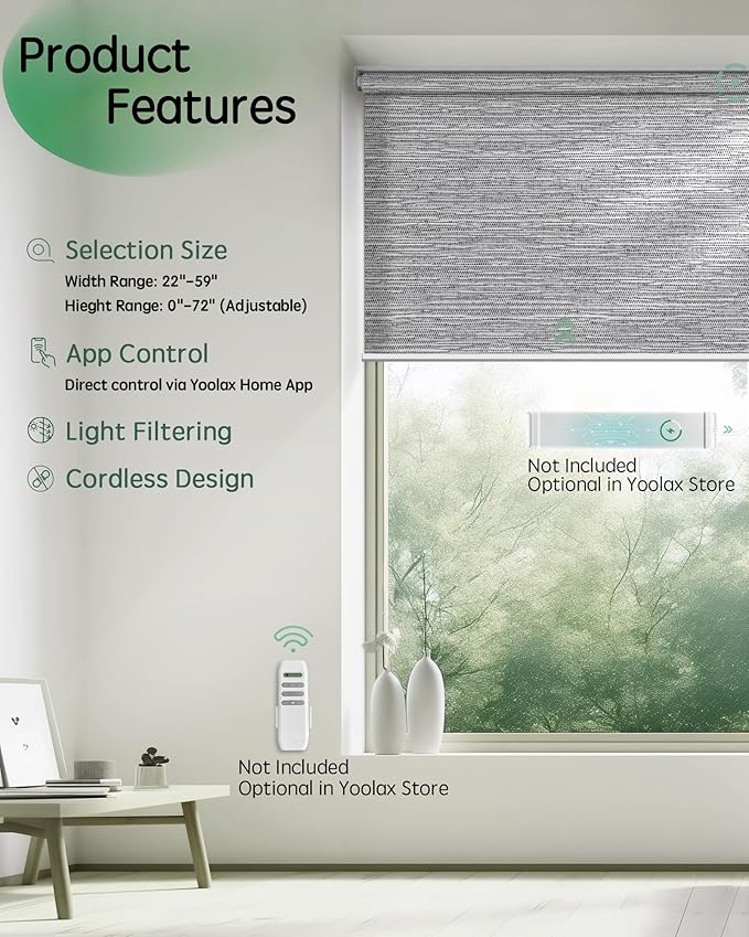 Yoolax Motorized Blinds App Control, Light Filtering Motorized Shades for Windows, Cordless Automatic Roller Shades for Bedroom Living Room Office(Light Filtering Jacquard Gray, 52" W x 72" H)