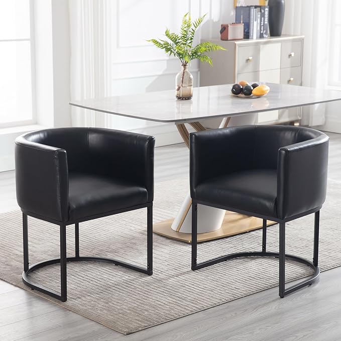 Faux Leather Dining Chairs Set of 6 Modern Barrel Arm Chairs with Black Metal Frame, Upholstered Kitchen Chairs 18.5" Wide Accent Chairs for Living Room Dining Room Restaurant, Black