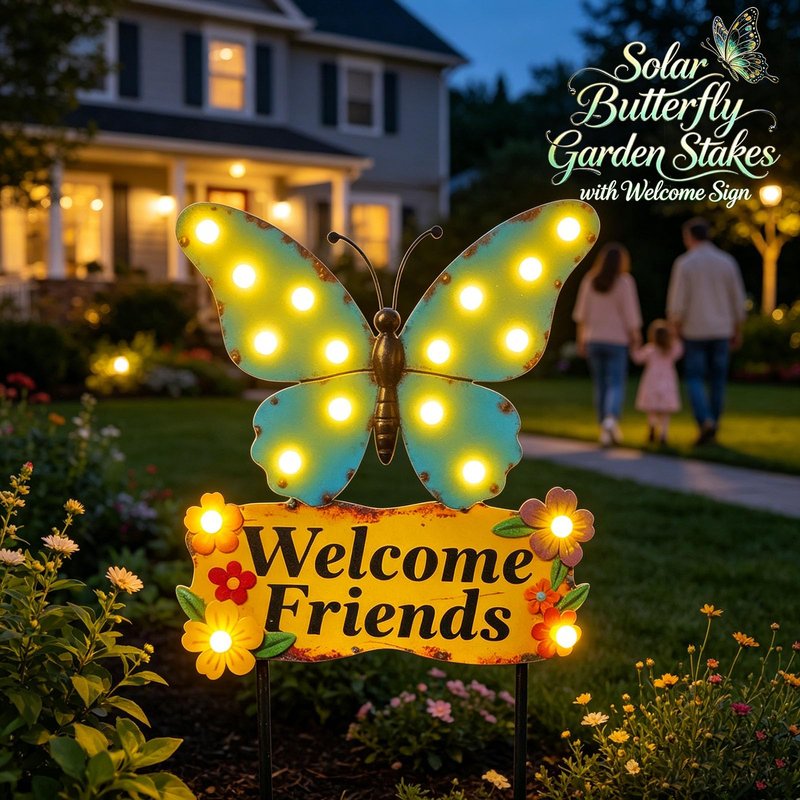 Decorative Garden Stakes Large 45" with 18 Bulbs Solar String Lights Outdoor Waterproof, Butterfly Solar Lights for Outside with Welcome Friends Garden Sign for Yard, Patio, Pathway