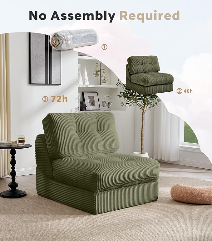 Tbfit 35.8'' Folding Sofa Bed, Convertible Sleeper Chair with Large Pillow, Corduroy Folding Couch Bed, Portable & Foldable Mattress Boneless Floor Sofa Set of 2, Green