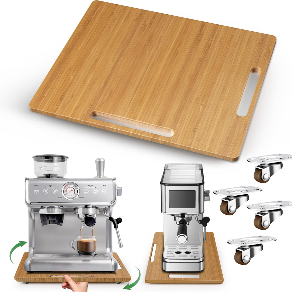 Joy&Grace Appliance Slider for Kitchen Appliances 360° Rolling Sliding Tray for Coffee Maker Countertop, Bamboo Coffee Pot Slider Rolling Tray with Universal Rollers (Black, Medium 14.5" x 10")