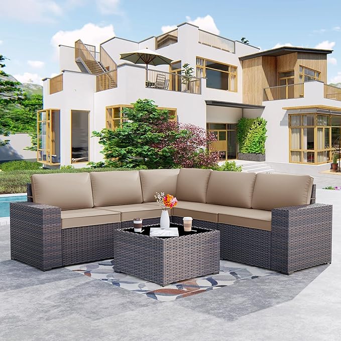 Kurapika 6 Pieces Patio Furniture Set, Rattan Wicker Outdoor Conversation Sets w/4 Inch Cushion and Glass Coffee Table(Sand)