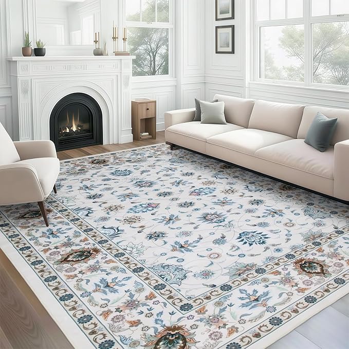 WILLSUN Washable Area Rugs, 9x12 Non-Slip Boho Large Area Rugs for Living Room, Bedroom, Machine Washable Vintage Rug, Indoor Floral Print Carpet for Home Decor, Kid & Pet Friendly Mat