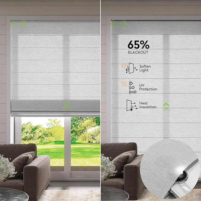 ZSTARR Smart Roman Shades Rechargeable Motorized Blinds with Remote Light Filtering Roman Window Shades Plain Fold Soft for Doors Bedroom, Custom Size (Sheer Gray)
