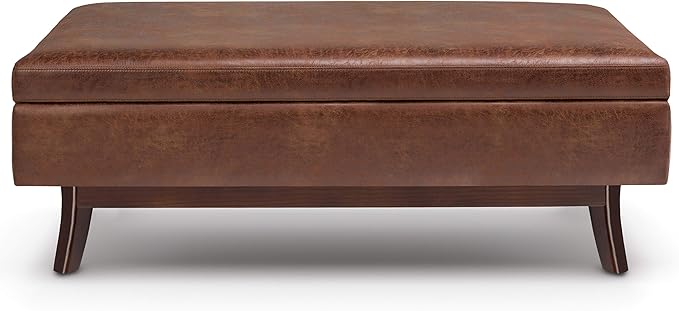 SIMPLIHOME Owen Rectangular Storage Ottoman - 48 inch Wide Upholstered Vegan Leather Lift-Top Ottoman in Distressed Saddle Brown, Mid-Century Modern Ottoman for Living Room with Tufted Detail