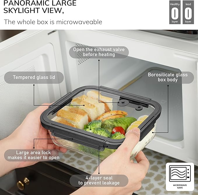 5-Pack Borosilicate Glass Containers with Tempered Lids, 35.2oz/4.4 Cup Airtight Meal Prep Set, Microwave/Freezer Safe (Gray)