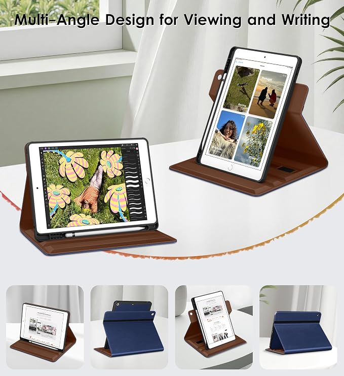 DTTO for iPad 9th/8th/7th Gen Case 10.2 Inch (2021/2020/2019) Brown | 360 Degree Rotating Premium Faux Leather Folio Stand Cover with Pencil Holder Auto Sleep/Wake Multiple Angles Hand Strap