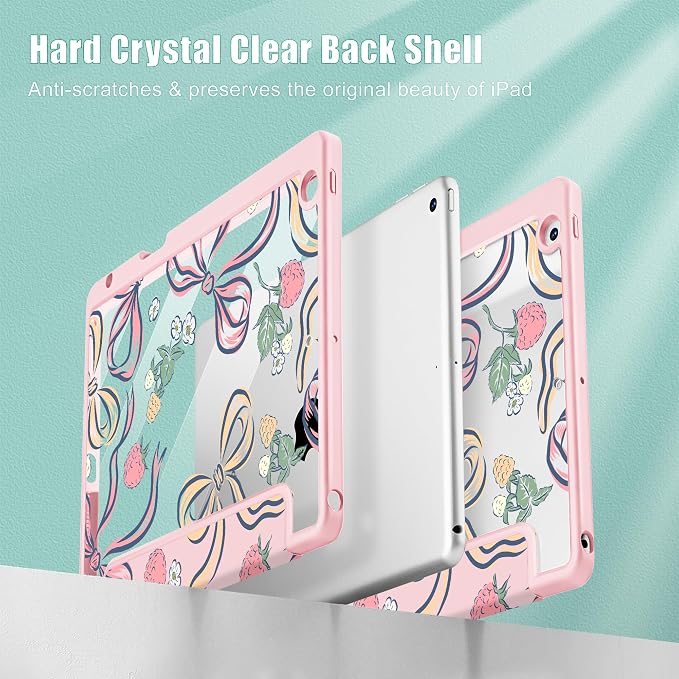 Case for iPad 9th/8th/7th Generation 10.2-Inch (2021/2020/2019 Release) with [Built-in Pencil Holder] Shockproof Cover with Clear Transparent Back Shell &amp Auto Wake/Sleep - Blue Bows