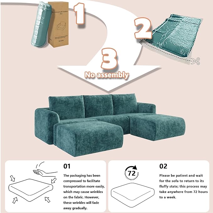 EASE MOOSE Cloud Couch Sectional Sofa, Large U-Shaped Oversized Modular Couch for Living Room, Minimalist Boneless Convertible Couches with Ottoman, 5-Seat Deep Sofas for Bedroom, Chenille (Blue)