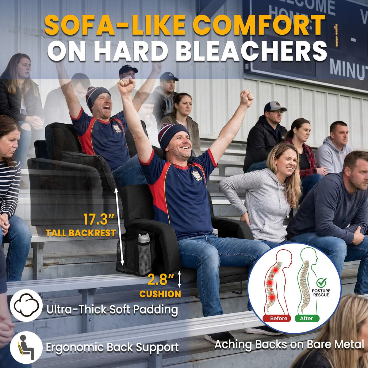 Sheenive Stadium Seat with Back Support (2 Pack) - 2.8'' Thick Comfy Cushion, Wide Padded Reclining Bleacher Seat with Armrests - Includes Backpack Strap, Carry Handle, 2 Cup Holders & 2 Large Pockets